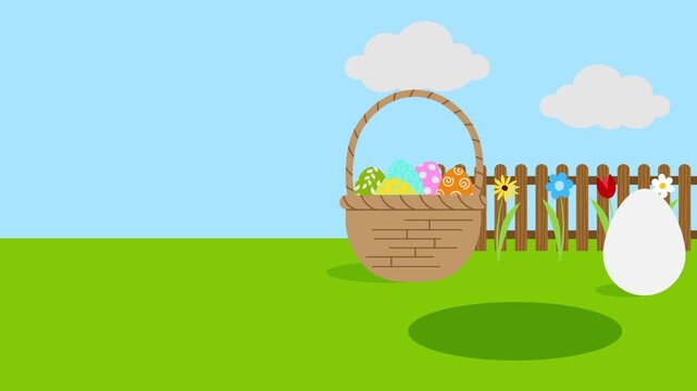 easter animated background with cute chick in a hatched egg, rabbit, basket with colorful eggs, fence and flowers