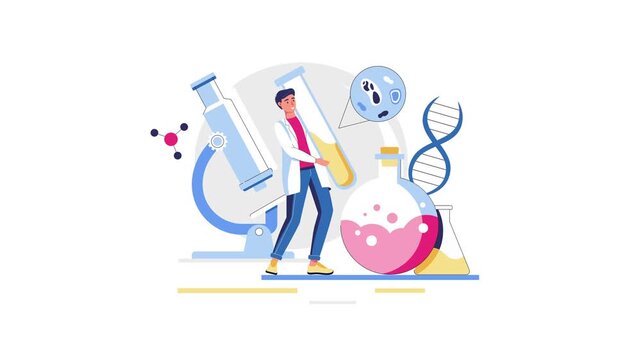 Medical scientist with microscope and DNA research lab animation