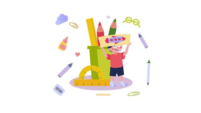 Happy schoolboy holding rocket drawing among colorful school supplies