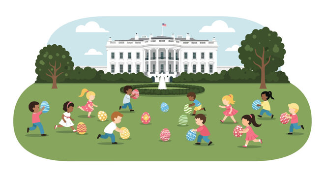 This flat design illustration captures the annual White House Easter Egg Roll, showing diverse children participating in the festive tradition on the iconic South Lawn.