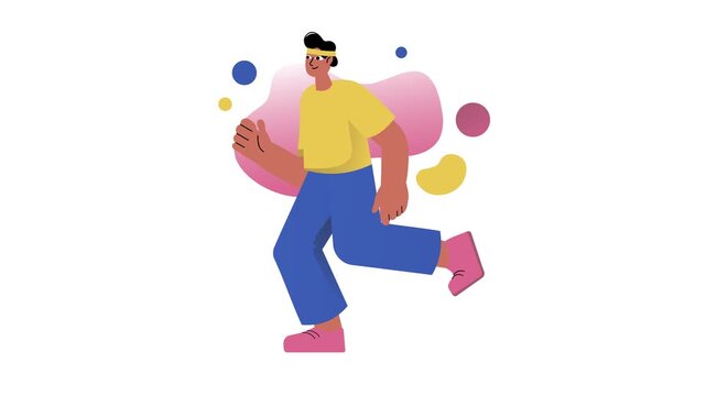 Animated energetic young man running in flat vector style with abstract shapes