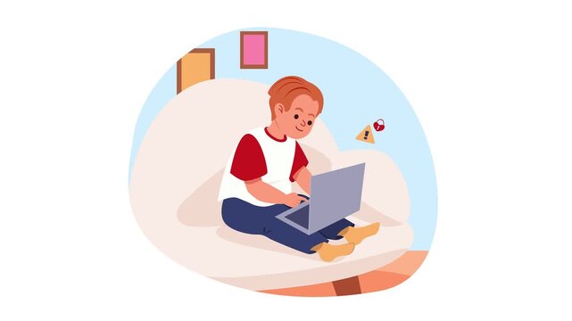 Child using laptop on couch at home, animated flat vector scene