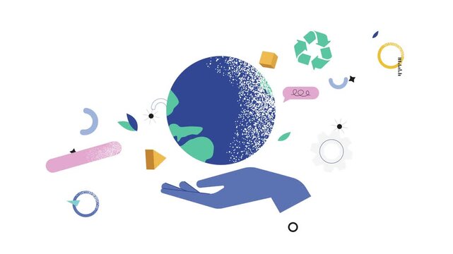 Animated hand holding globe with recycling and sustainability icons