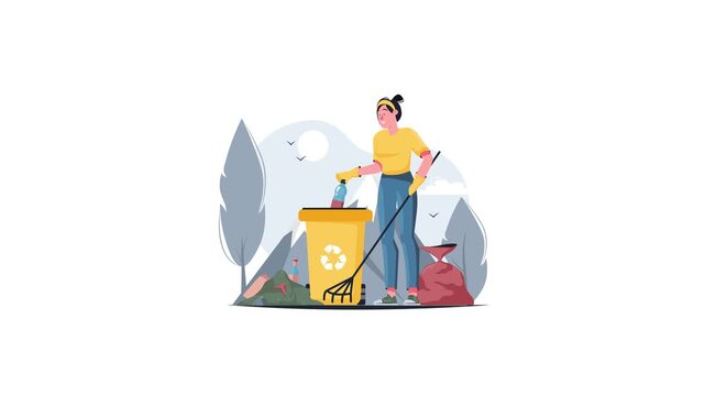 Woman cleaning park litter beside recycling bin flat vector animation