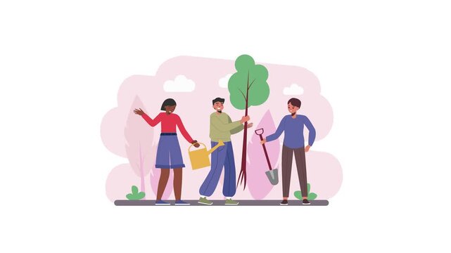 Diverse volunteers planting tree in community garden animated illustration