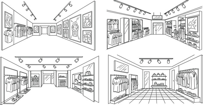 Clothing store boutique interior set with garment racks t shirts shelves and fashion displays hand drawn line art vector illustration
