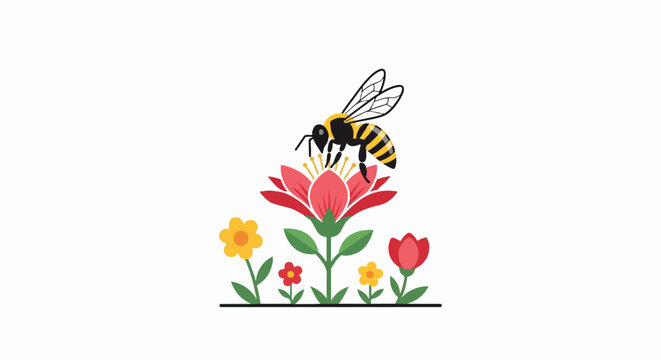 A stylized bee collects nectar from a large red flower in a garden