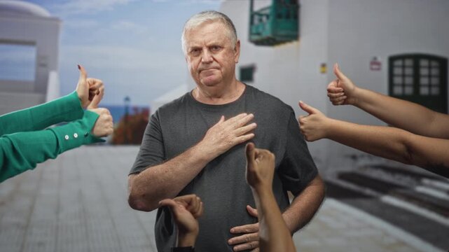 Senior man in gray tshirt with hand on chest surrounded by multiple hands giving thumbs up on a street; quiet uncertainty.