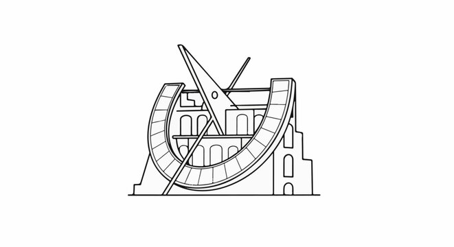 Line drawing of a large, ornate astronomical instrument with a gnomon