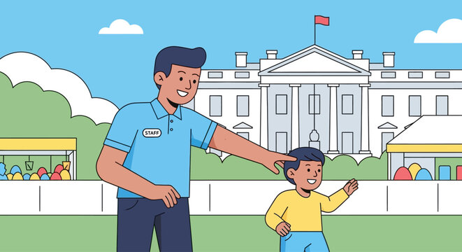 This flat design illustration depicts a kind volunteer assisting a child at the White House Easter Egg Roll, highlighting the community spirit of the event.