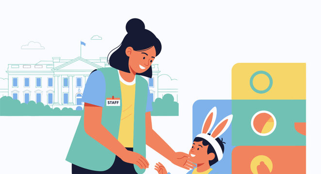 This flat design illustration depicts a kind volunteer assisting a child at the White House Easter Egg Roll, highlighting the community spirit of the event.