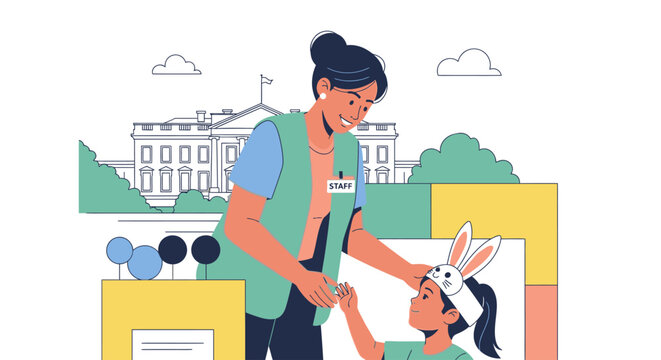 This flat design illustration depicts a kind volunteer assisting a child at the White House Easter Egg Roll, highlighting the community spirit of the event.