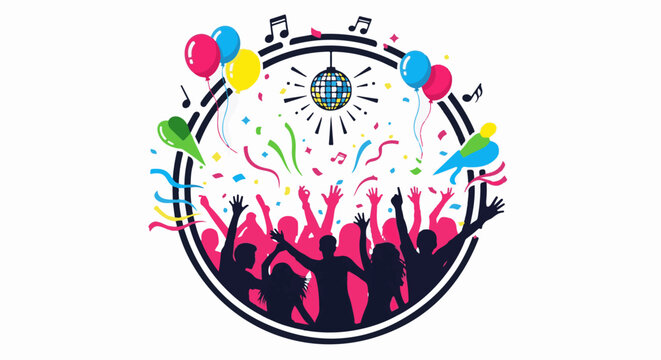 Lively party scene with dancing silhouettes, disco ball, balloons, and confetti