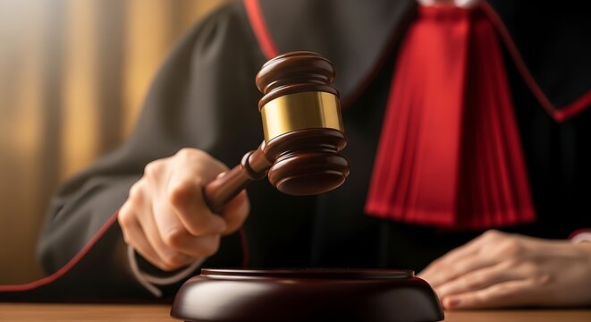 ​A professional judge in black robes and red cravat strikes a wooden gavel to deliver a final verdict.