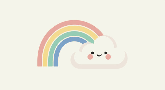 Adorable smiling cloud with a pastel rainbow on a cream background