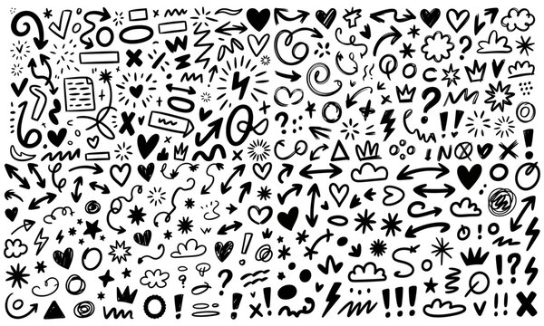 Dense hand drawn doodle icon pattern collection for journaling, social media stickers, creative backgrounds, scrapbooking, and decorative design projects