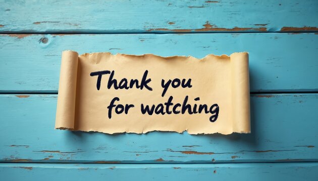 Torn parchment scroll with handwritten text Thank you for watching on distressed blue wooden planks. Perfect for video outro or social media.