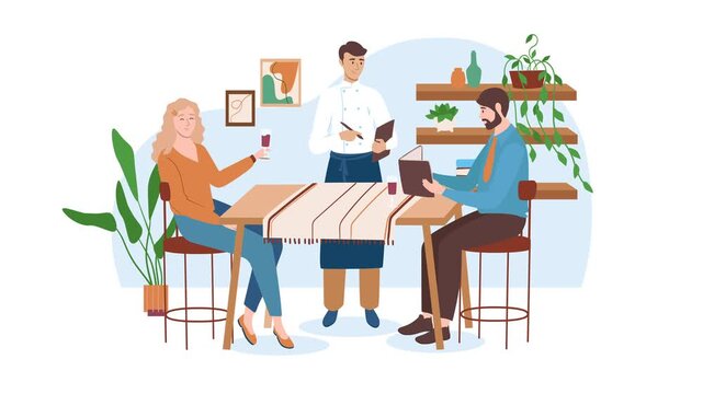 Animated restaurant scene with chef serving couple at cozy cafe table