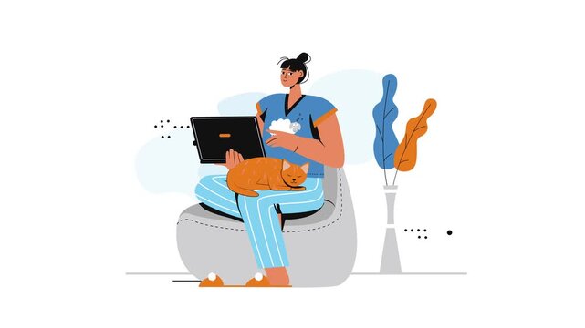 Woman working on laptop with cat in cozy chair flat illustration