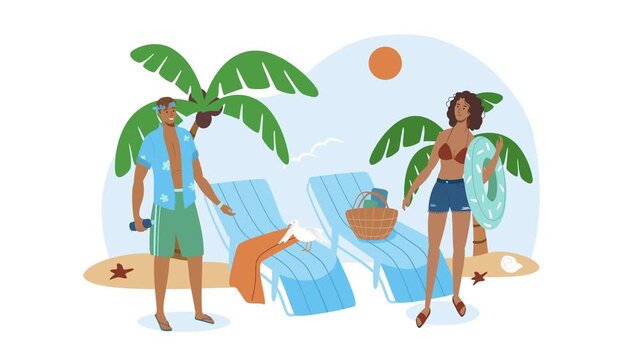 Animated tropical beach vacation with couple, palm trees and lounge chairs