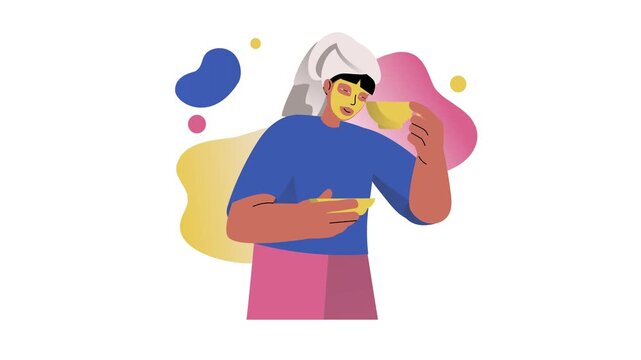 Animated woman sipping tea and holding bowl with colorful abstract shapes