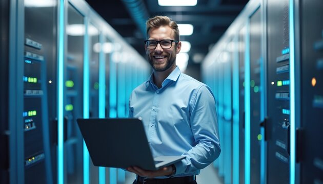 Man in blue shirt with glasses holds laptop in server room. He smiles between rows of glowing data cabinets. IT pro works with computer hardware.