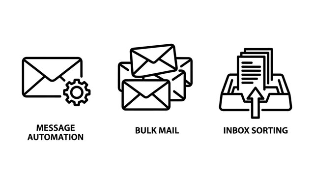 Email automation and communication icons set featuring auto-reply, bulk mailing, and inbox sorting symbols for digital marketing and professional electronic correspondence management outline vector