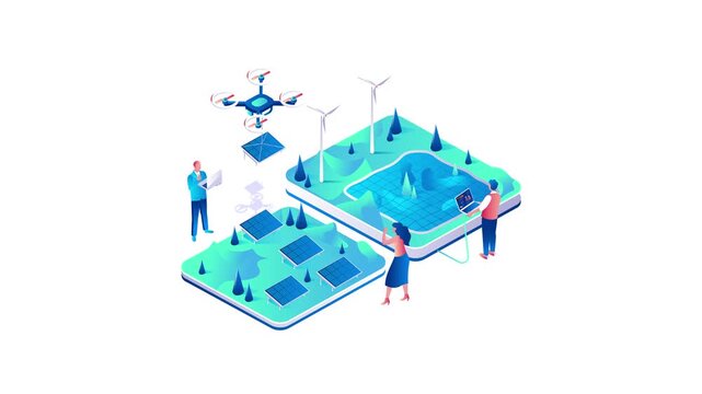 Isometric renewable energy animation with solar panels and wind turbines