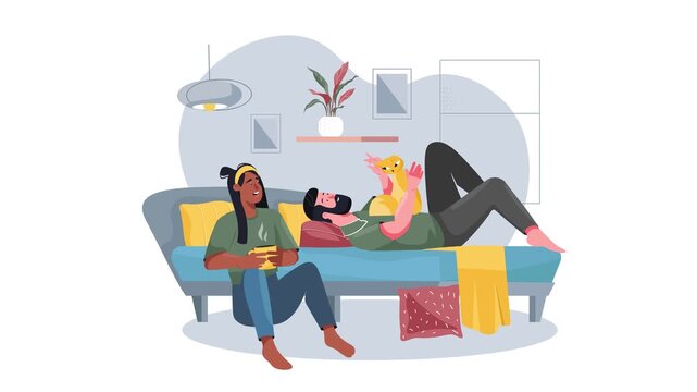 Flat vector animation of diverse couple relaxing on sofa in cozy living room