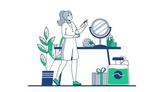 Animated woman applying skincare at vanity with mirror and beauty products