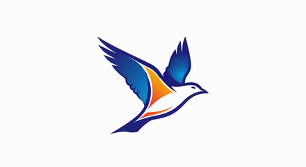 Obraz premium Stylized bird in flight with blue and orange wings on white background