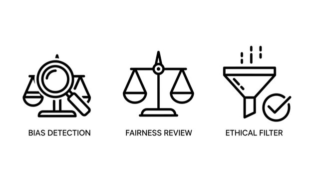 Bias detection and fairness review icons with ethical filter for artificial intelligence systems