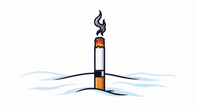 Burning cigarette stuck in snow with smoke rising into air