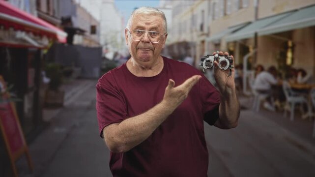 Older man wearing eyeglasses points at a trial frame optometry testing device while holding it on a pedestrian street cafe; vision health reassurance.