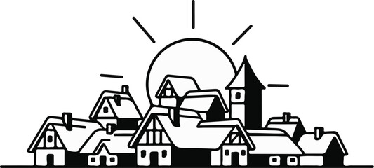 Fototapeta premium Stylized village scene with a large sun and church tower