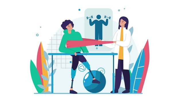 Animated physiotherapy session with prosthetic leg patient and doctor