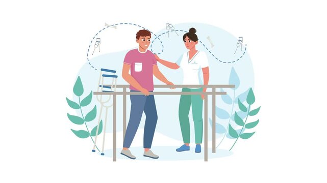 Animated physical therapy consultation with patient and nurse in rehab clinic