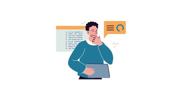 Animated thoughtful man with laptop and chat interface concept