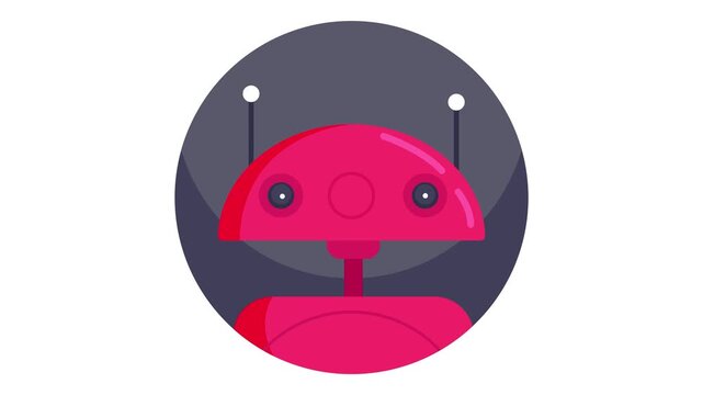 Cute pink robot head icon in circular dark background, vector animation