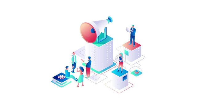 Isometric animation of business team promoting digital marketing strategy