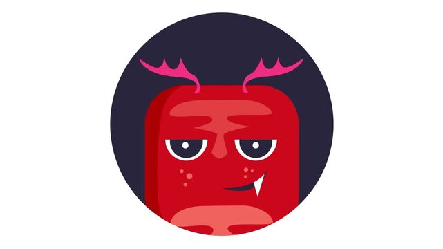 Playful red monster face with horns in dark circle, animated icon