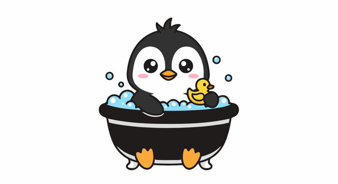 Adorable cartoon penguin enjoying a bubbly bath with a toy duck