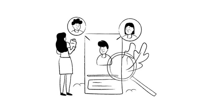 Hand-drawn animation of recruiter screening candidate profiles online