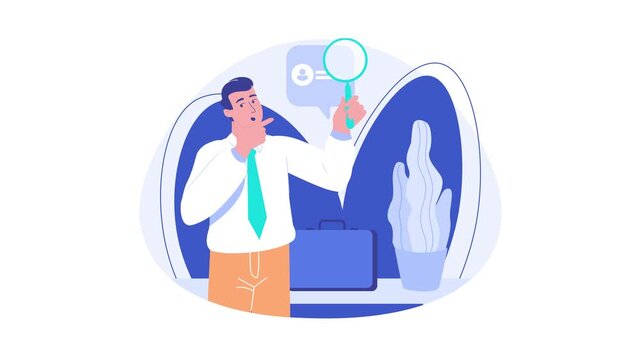 Businessman inspecting houseplant with magnifying glass in animated style