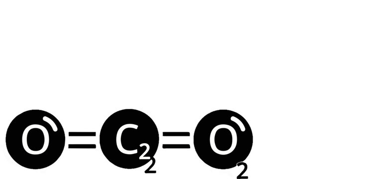 A simplified diagram of a carbon dioxide molecule with double bonds