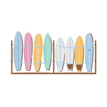 Animated cartoon surfboard rack with colorful boards stored in wooden stand