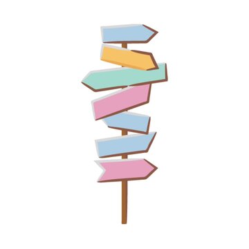 Animated cartoon colorful arrow signs on pole showing direction and navigation choices