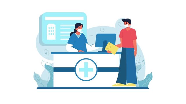 Animated pharmacy counter with masked pharmacist and patient exchange