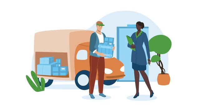 Flat animation of courier delivering parcels beside businesswoman and van