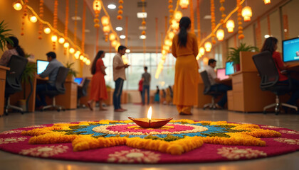 Obraz premium Office decorated with colorful rangoli and bright garlands for Diwali. Employees work at desks illuminated by festive lights and traditional diya oil lamp.